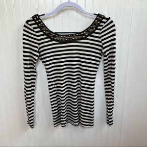 Jessica Simpson Black & White Stripe Studded Neckline Scoop Back Top Size XS